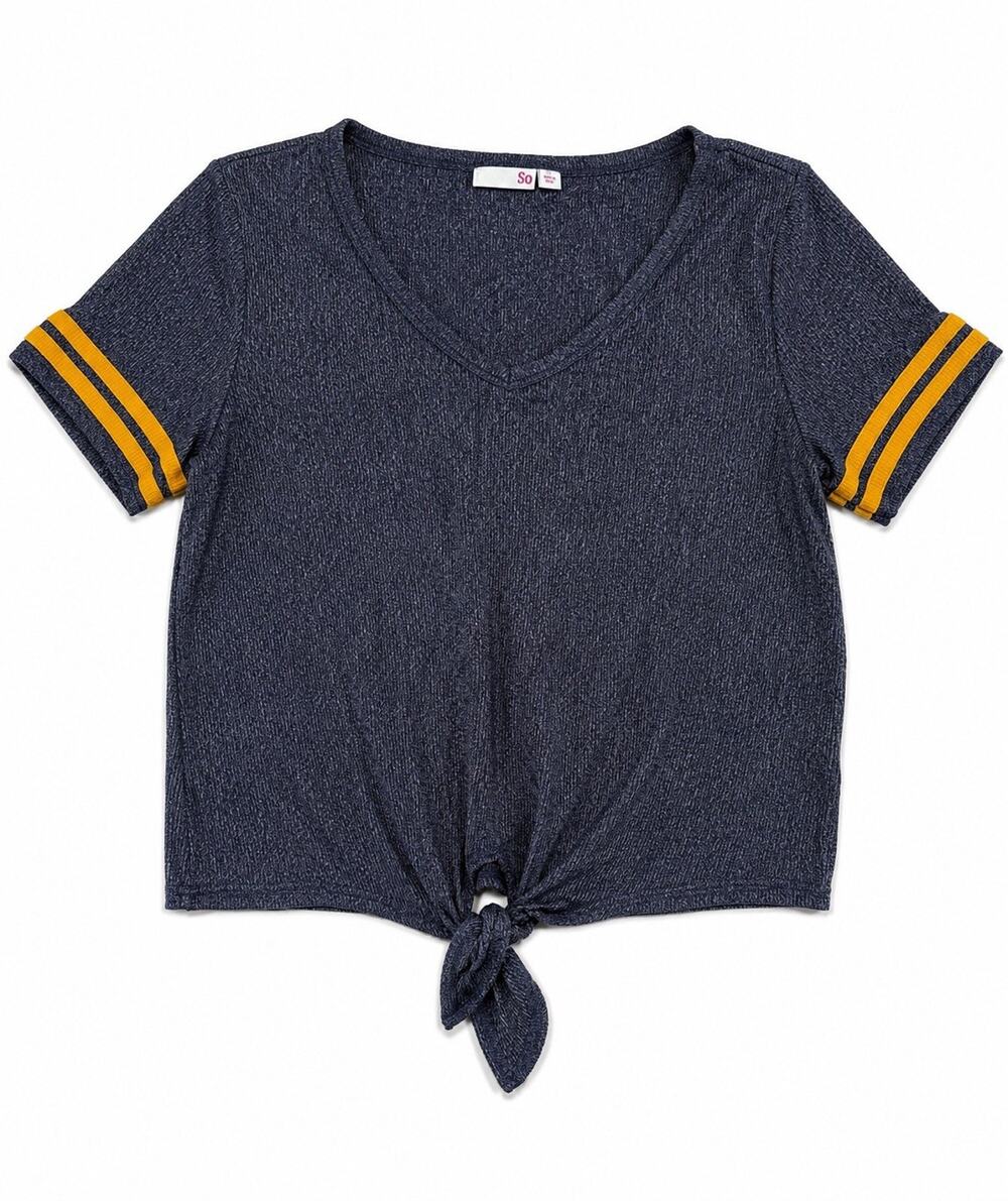 SO Women’s XL Heathered Navy V-Neck Tie Front Top Yellow Stripe Sleeves